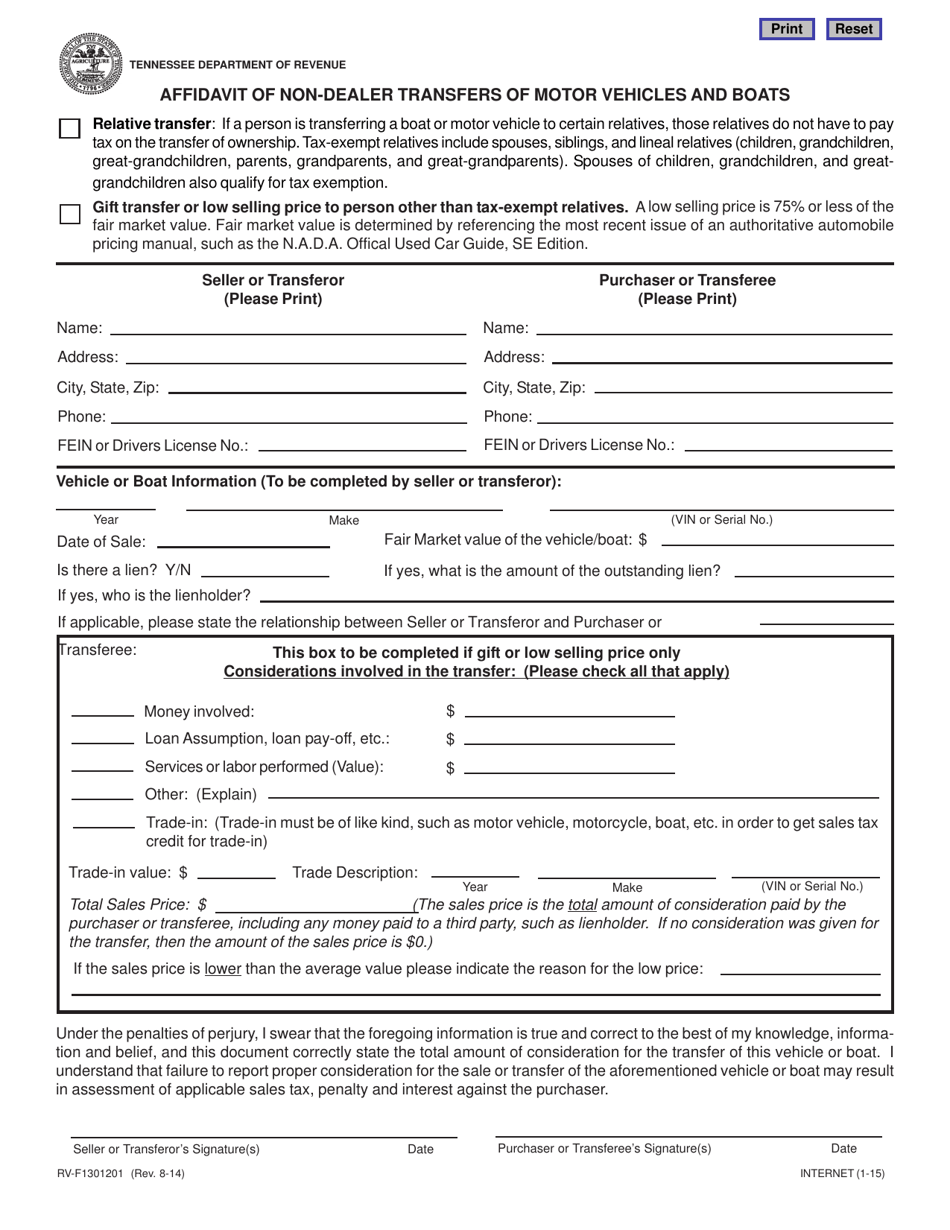 Form RV-F1301201 Affidavit of Non-dealer Transfers of Motor Vehicles and Boats - Tennessee, Page 1