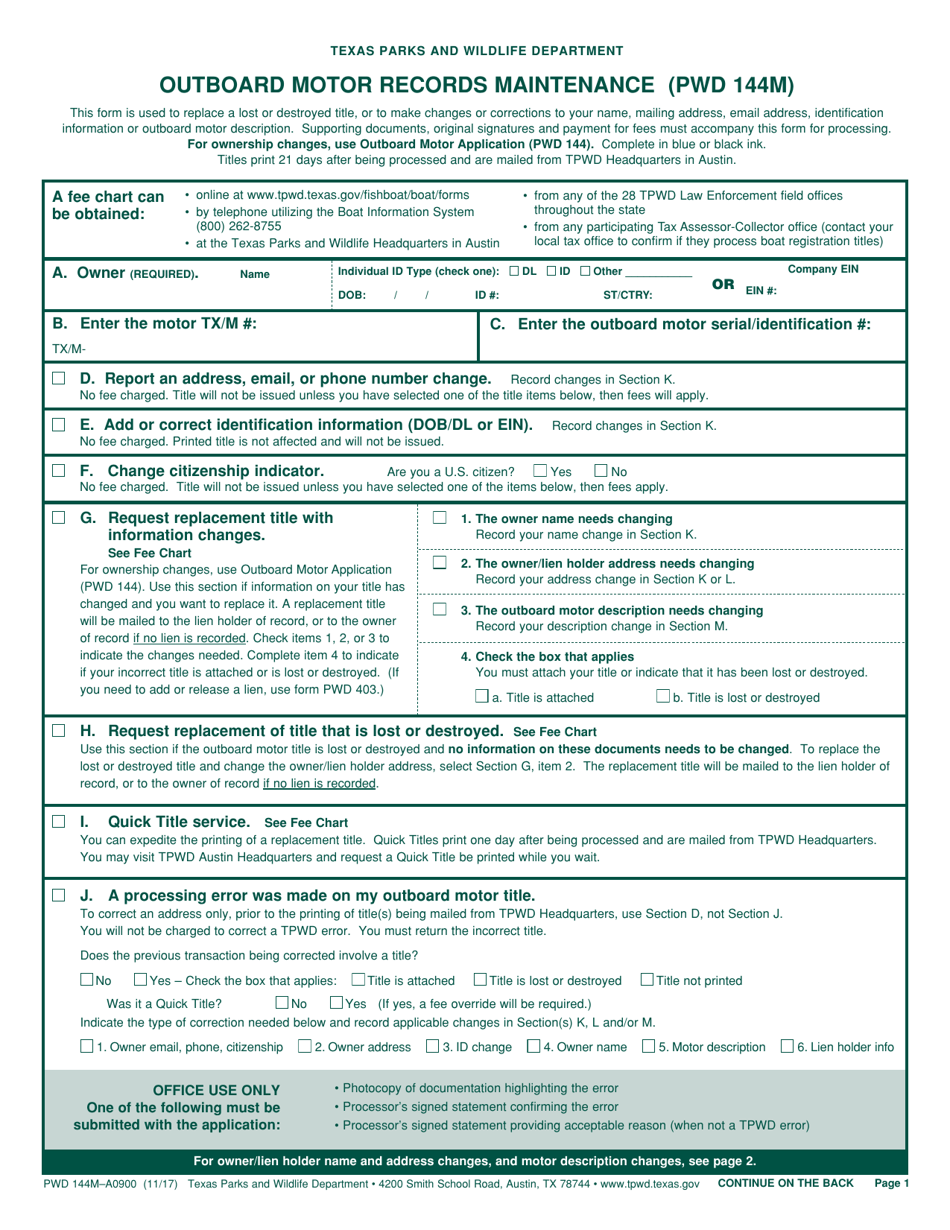 Form PWD144M Outboard Motor Records Maintenance - Texas, Page 1
