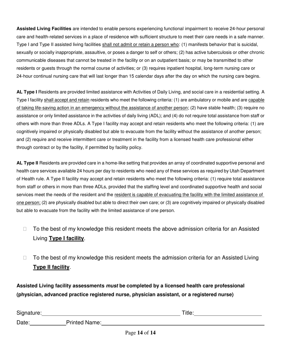 Assisted Living Facility Type I  II Resident Assessment - Utah, Page 14