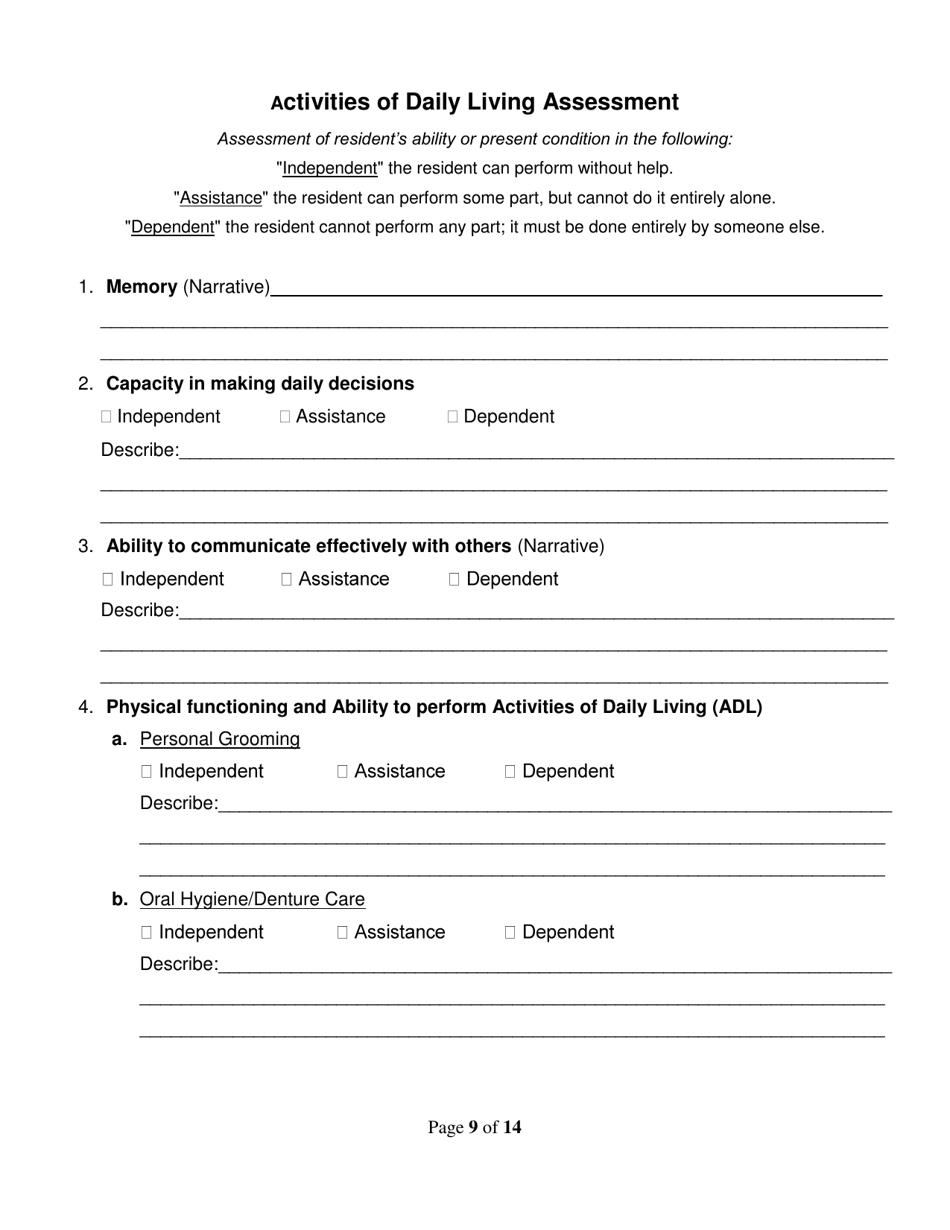 Assisted Living Facility Type I  II Resident Assessment - Utah, Page 9