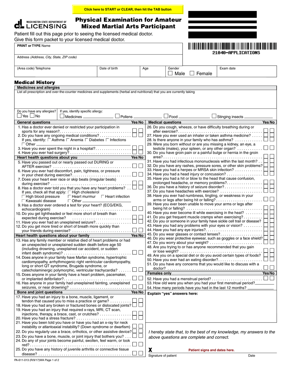Form PA-611-013 Physical Examination for Amateur Mixed Martial Arts Participant - Washington, Page 1