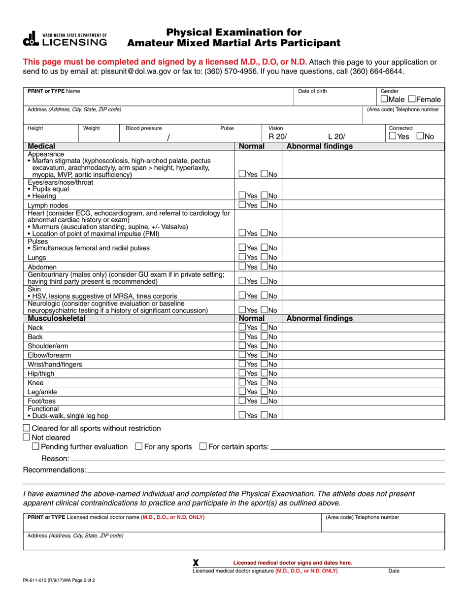 Form PA-611-013 Physical Examination for Amateur Mixed Martial Arts Participant - Washington, Page 2