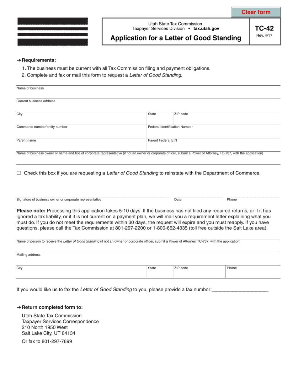 Form TC-42 Application for a Letter of Good Standing - Utah, Page 1