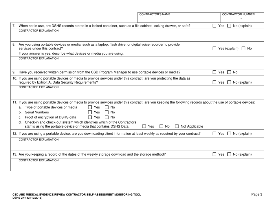 DSHS Form 27-143 Csd Abd Medical Evidence Review Contractor Self-assessment Monitoring Tool - Washington, Page 4