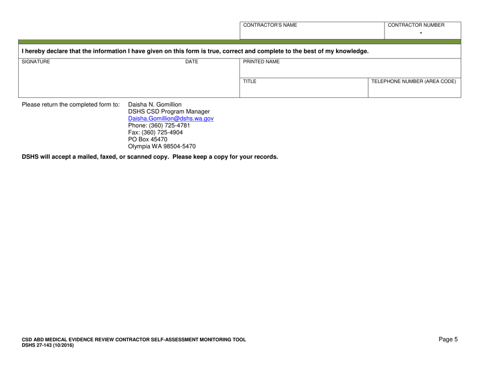 DSHS Form 27-143 Csd Abd Medical Evidence Review Contractor Self-assessment Monitoring Tool - Washington, Page 6