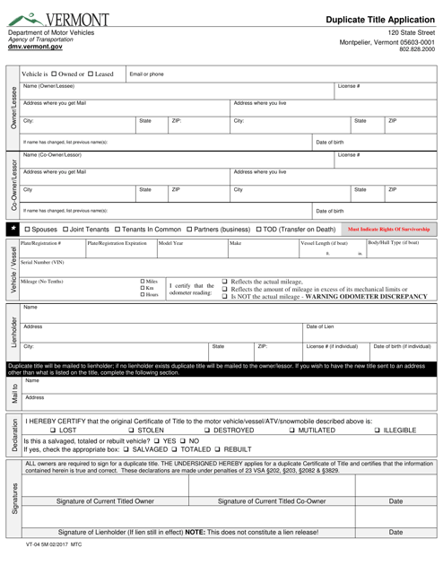 Form VT-04 Duplicate Title Application - Vermont