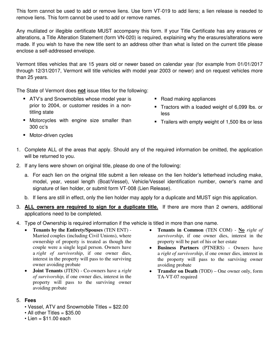 Form VT-04 Duplicate Title Application - Vermont, Page 2