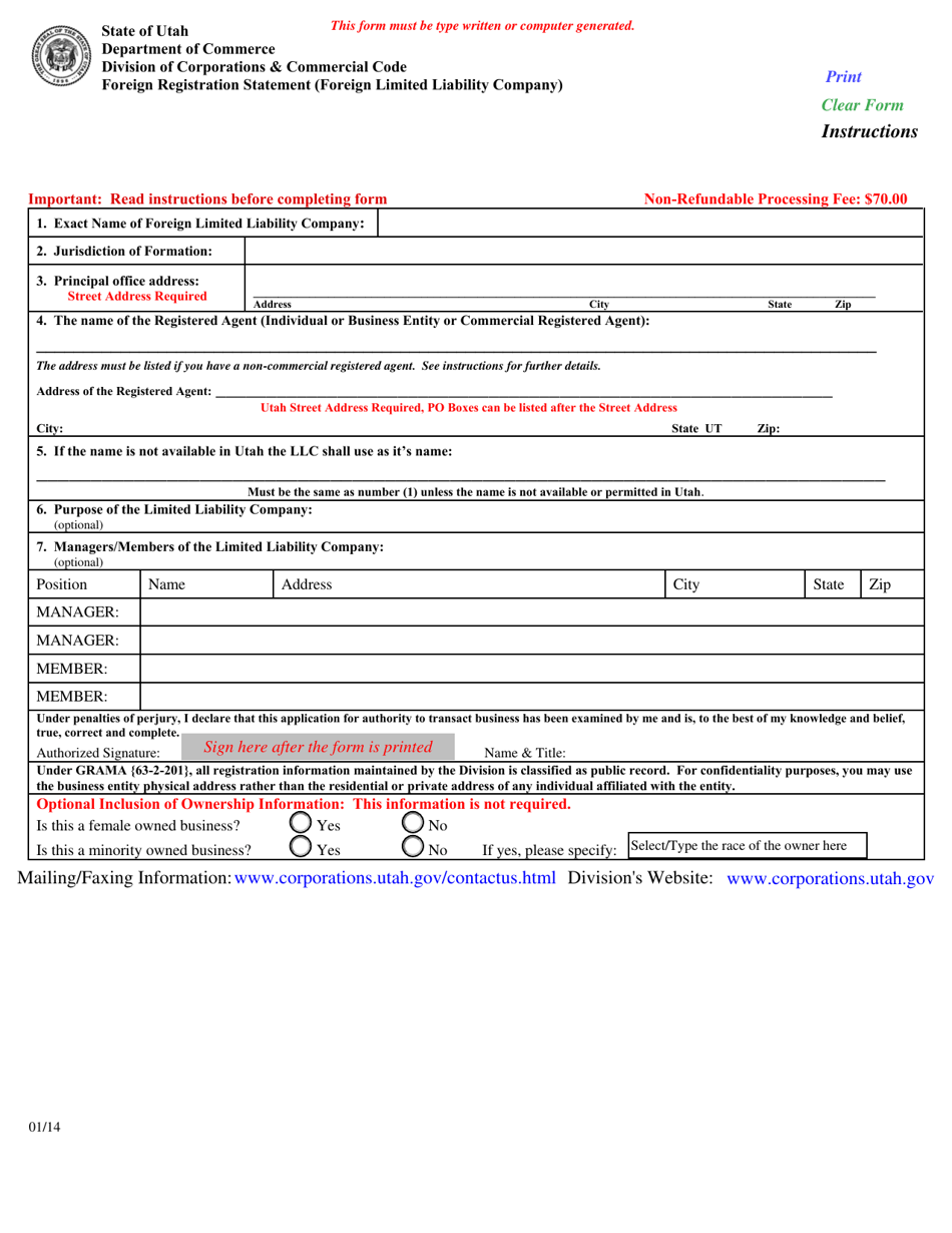 Utah Foreign Registration Statement (Foreign Limited Liability Company