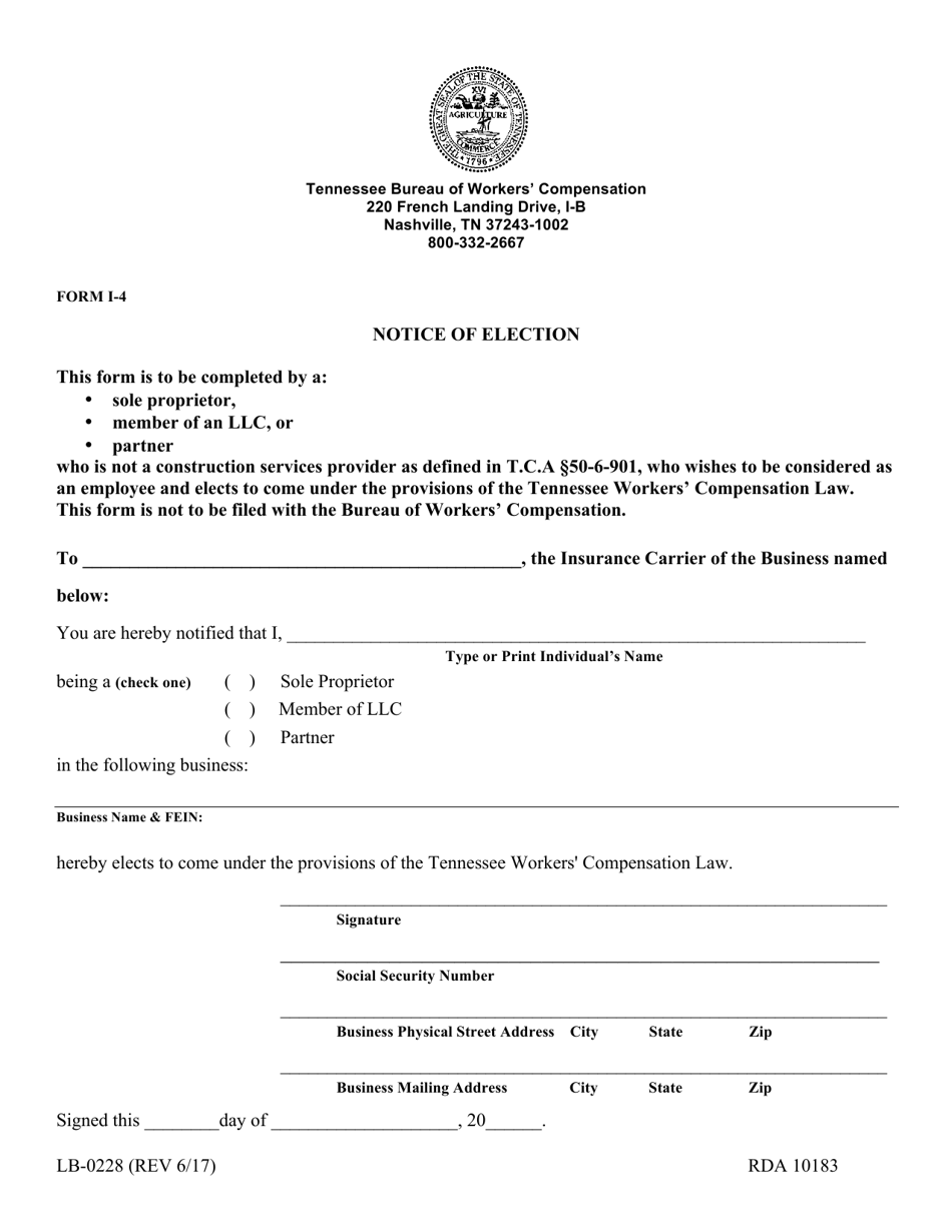 Form LB-0228 (I-4) Notice of Election - Tennessee, Page 1