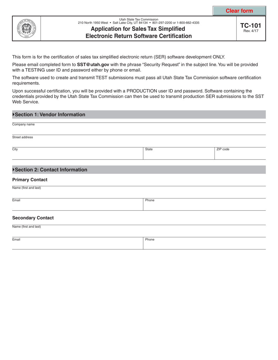 Form TC-101 Application for Sales Tax Simplified Electronic Return Software Certification - Utah, Page 1