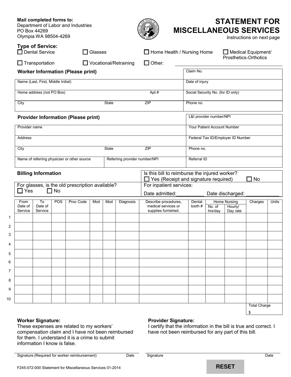 Form F245-072-000 Statement for Miscellaneous Services - Washington, Page 1
