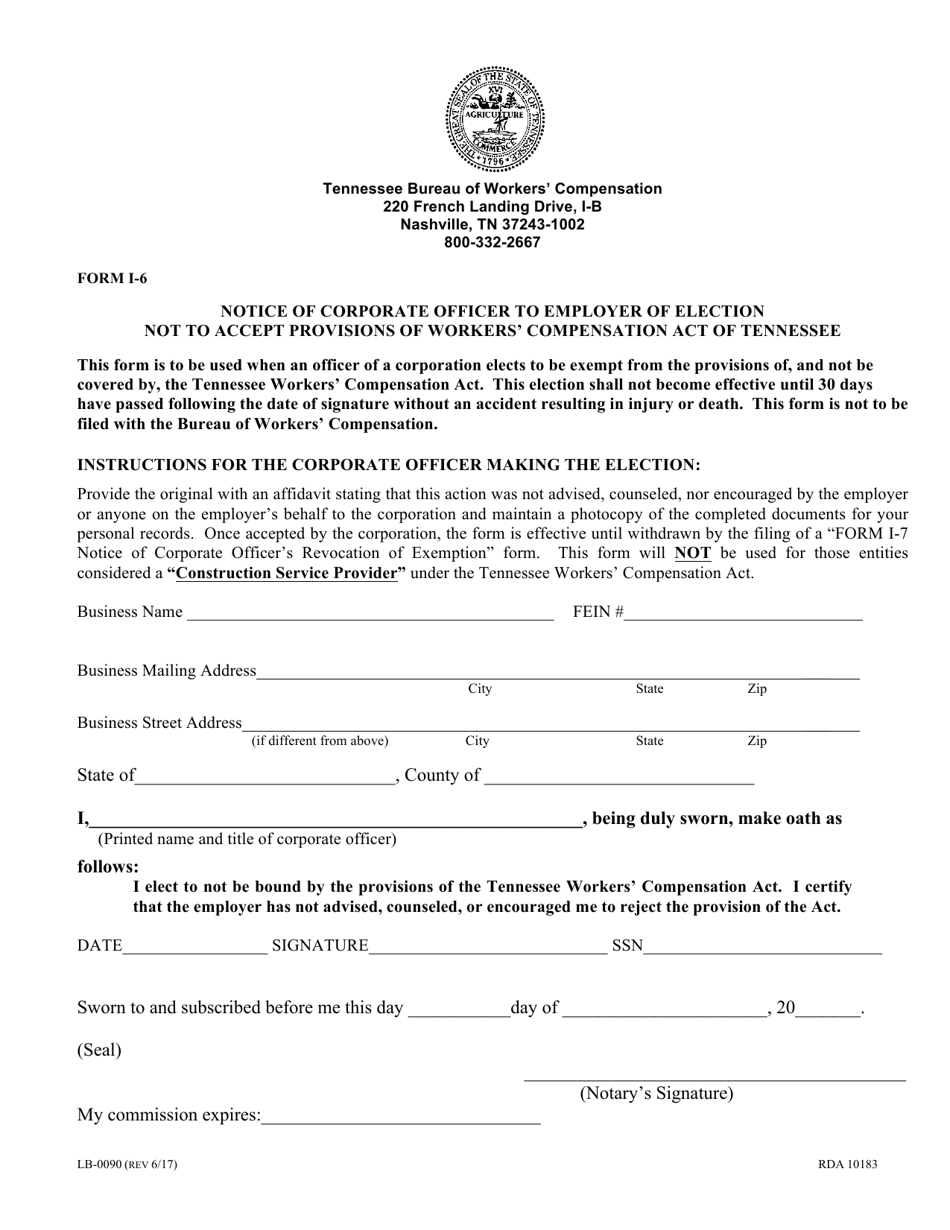 Form LB-0090 (I-6) Notice of Corporate Officer to Employer of Election Not to Accept Provisions of Workers' Compensation Act of Tennessee - Tennessee, Page 1