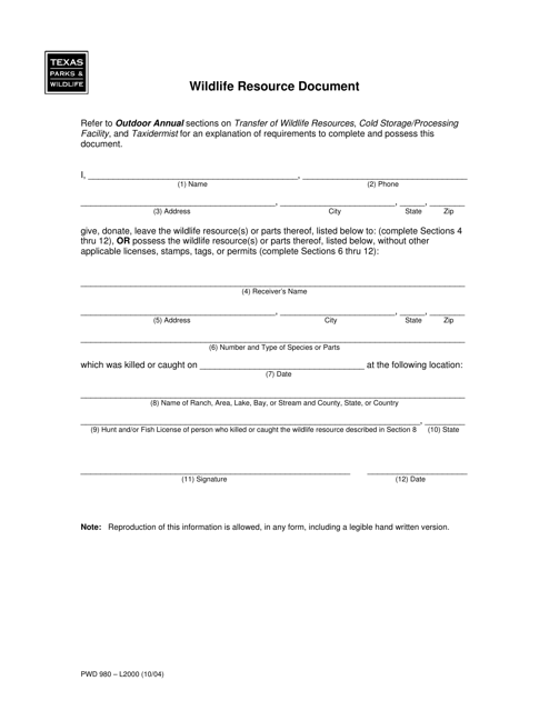 Form PWD980 Wildlife Resource Document - Texas