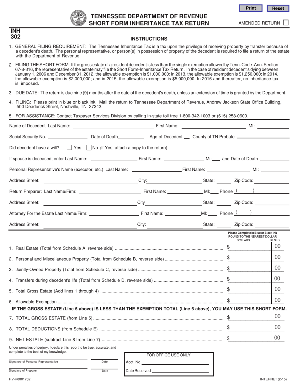 Form RV-R0001702 (INH302) State Inheritance Tax Return (Short Form) - Tennessee, Page 1