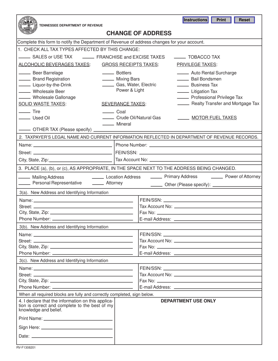 Form RVF1308201 Download Fillable PDF or Fill Online Change of Address