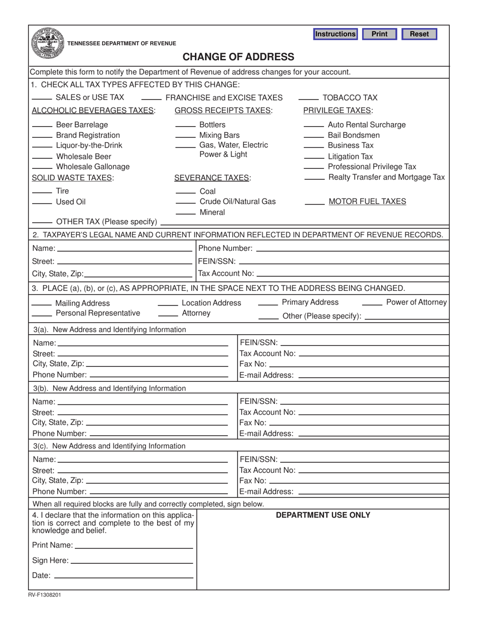 Form RV-F1308201 Change of Address - Tennessee, Page 1