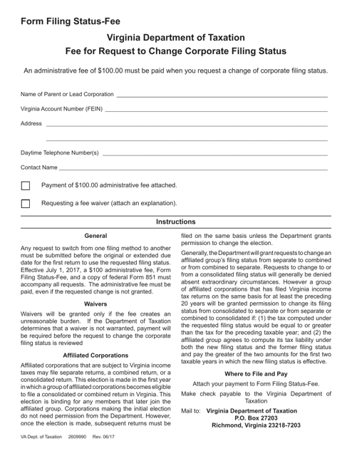 Fee for Request to Change Corporate Filing Status - Virginia Download Pdf