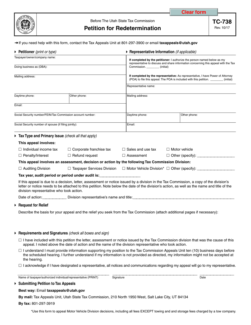 Form TC-738 Petition for Redetermination - Utah, Page 1