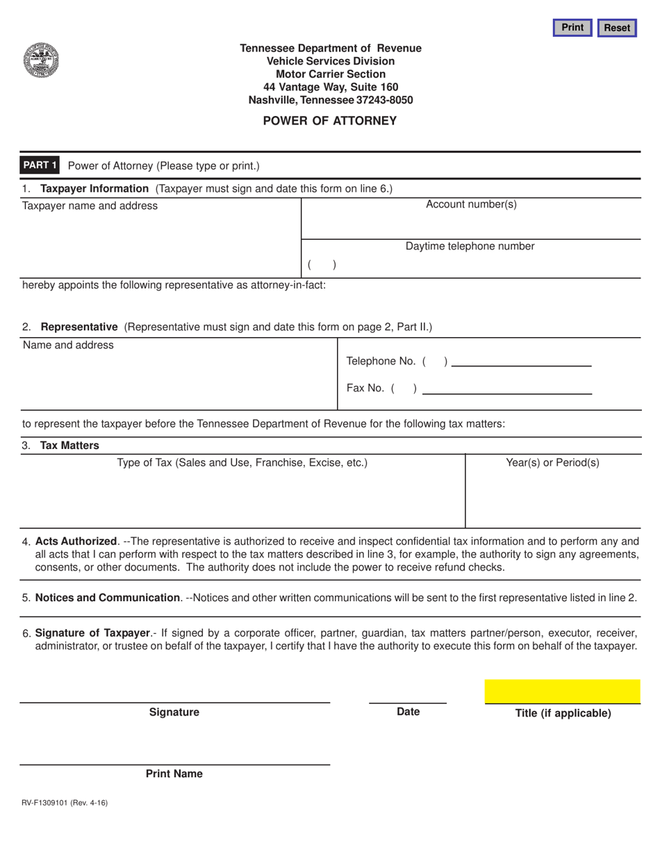Form RV-F1309101 Power of Attorney - Tennessee, Page 1