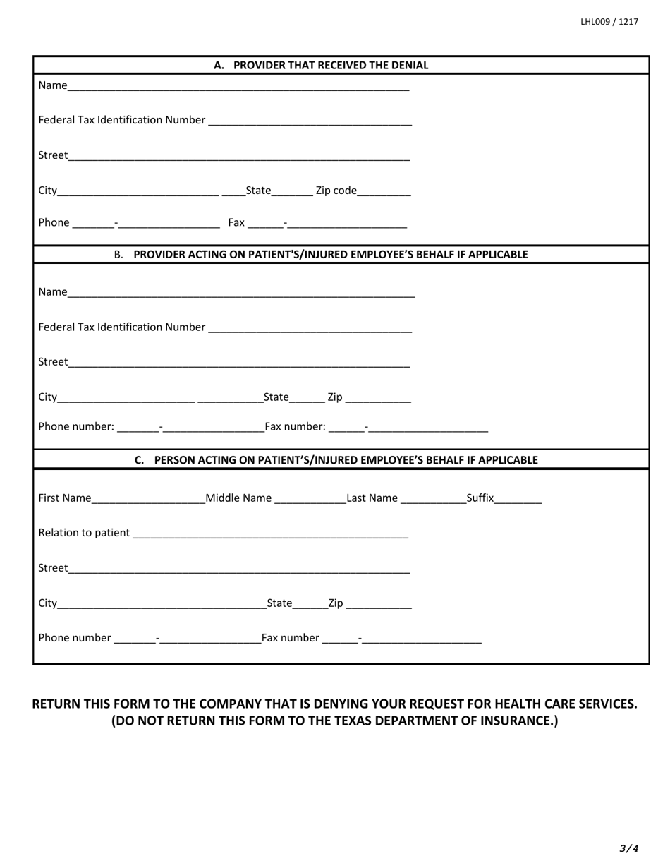Form LHL009 Request for a Review by an Independent Review Organization (Iro) - Texas, Page 3