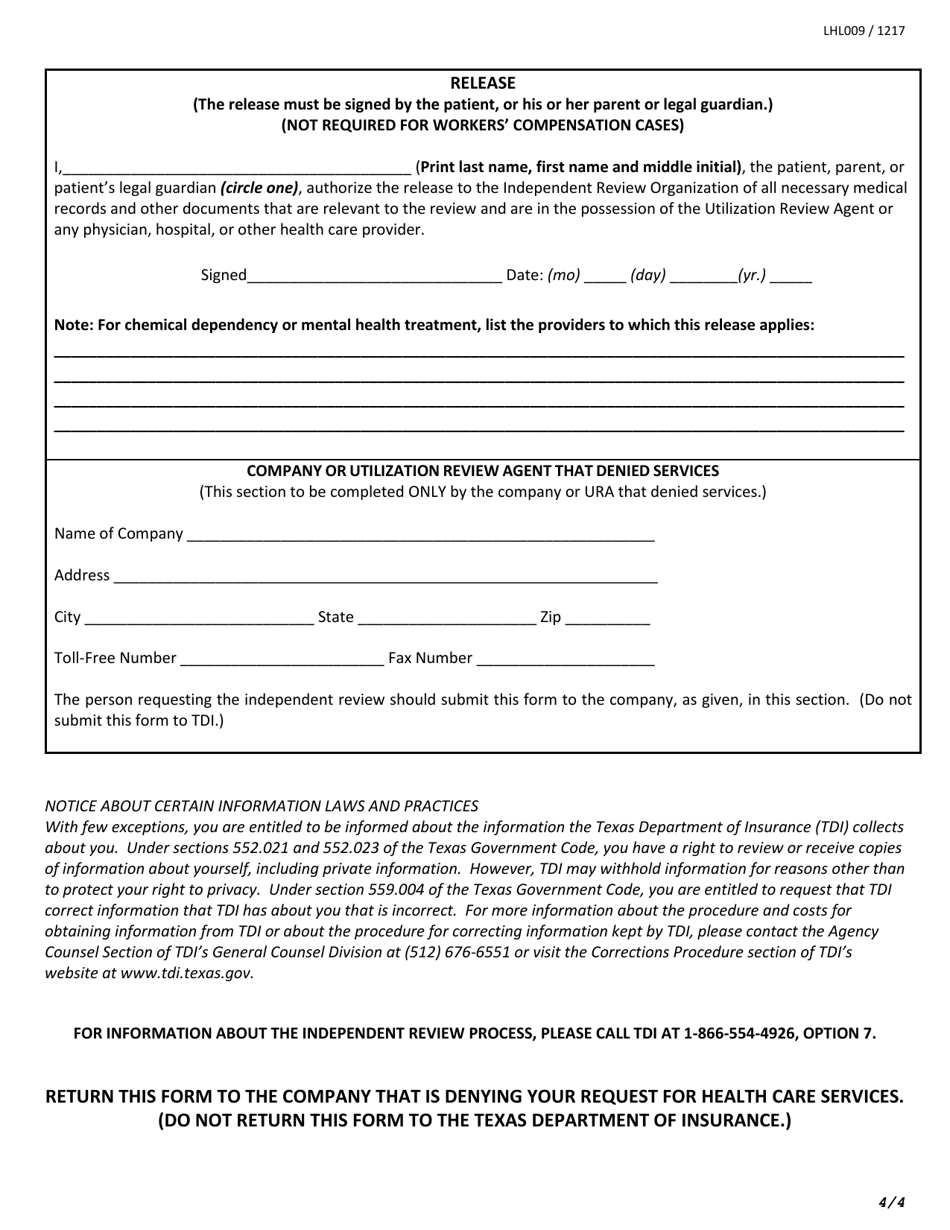 Form LHL009 Request for a Review by an Independent Review Organization (Iro) - Texas, Page 4