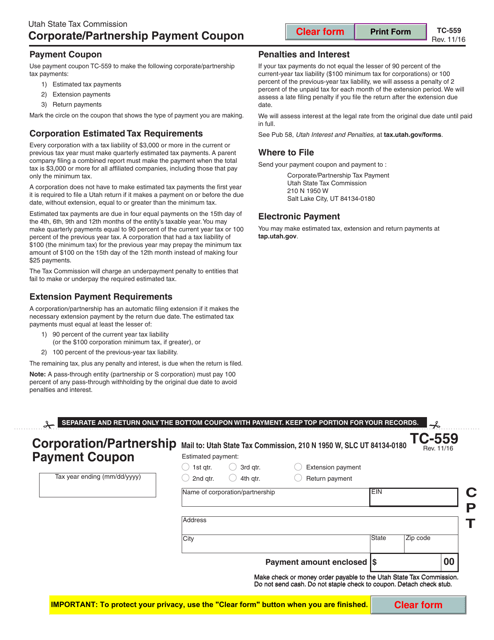 Form TC-559 Corporation/Partnership Payment Coupon - Utah