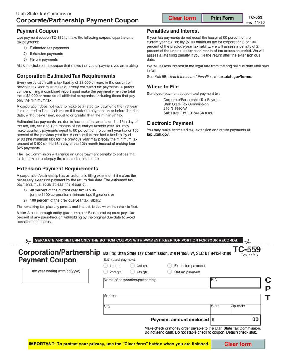 Form TC-559 Corporation / Partnership Payment Coupon - Utah, Page 1