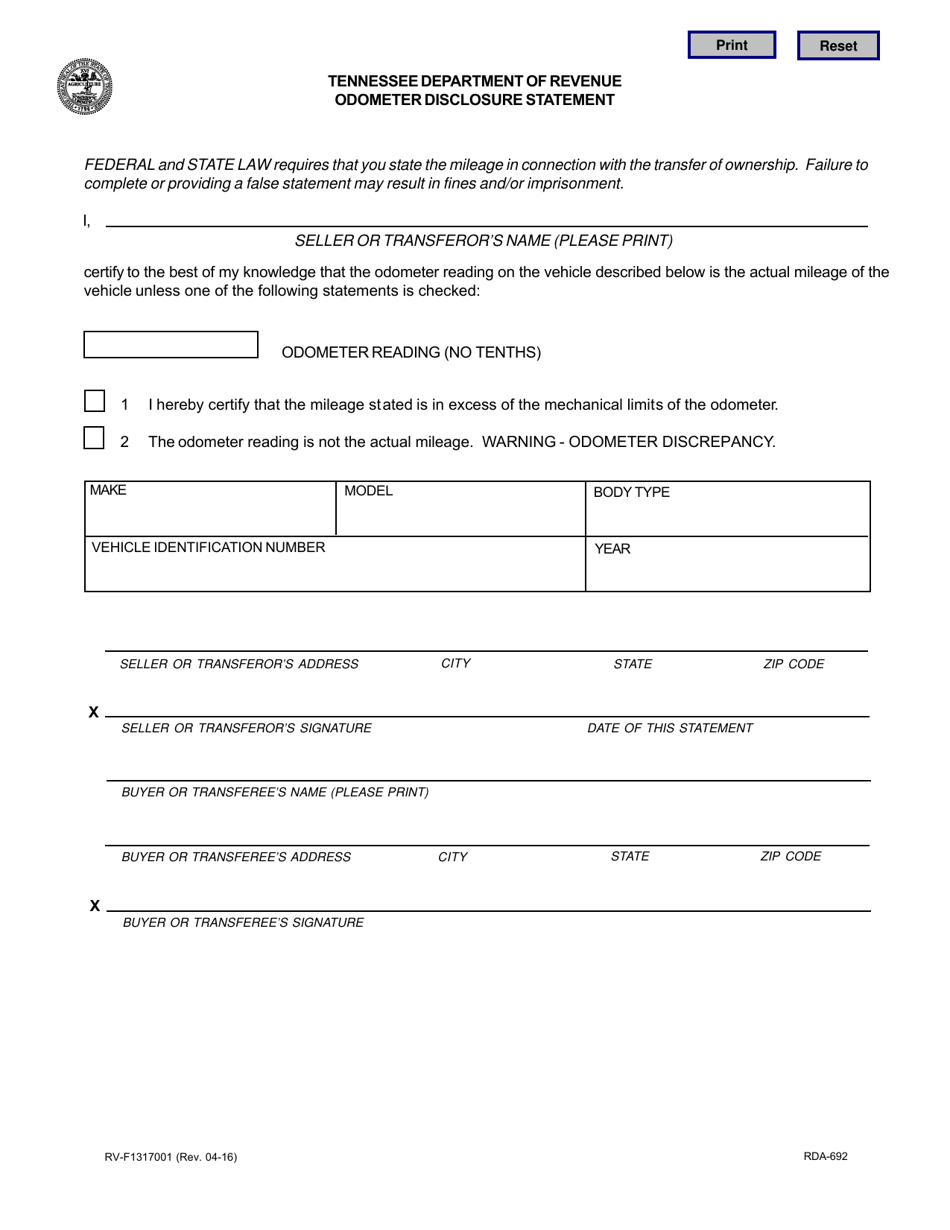 Form RV-F1317001 Odometer Disclosure Statement - Tennessee, Page 1