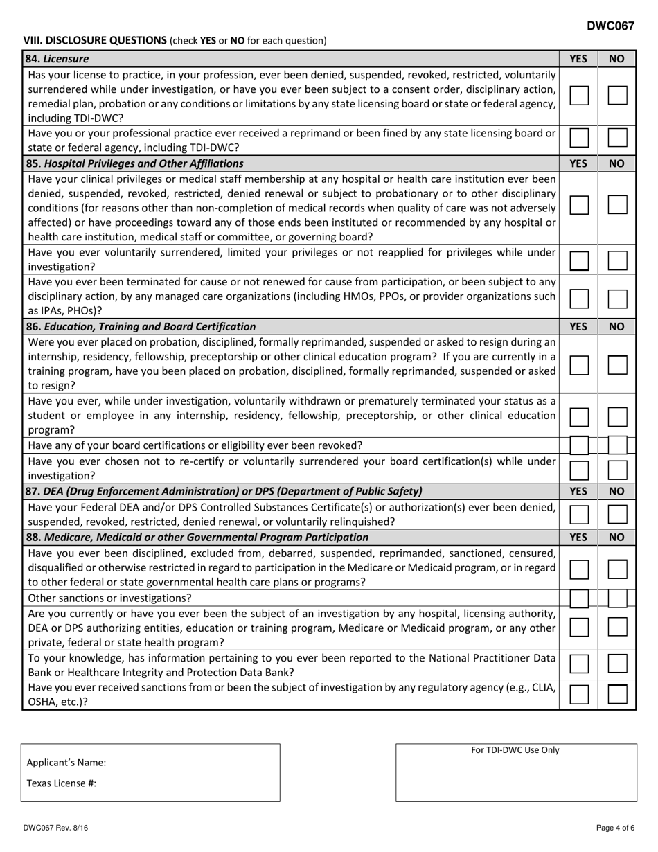DWC Form 067 Designated Doctor Certification Application - Texas, Page 4