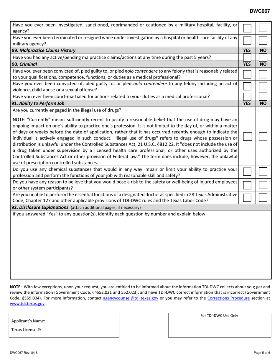 DWC Form 067 - Fill Out, Sign Online and Download Fillable PDF, Texas ...