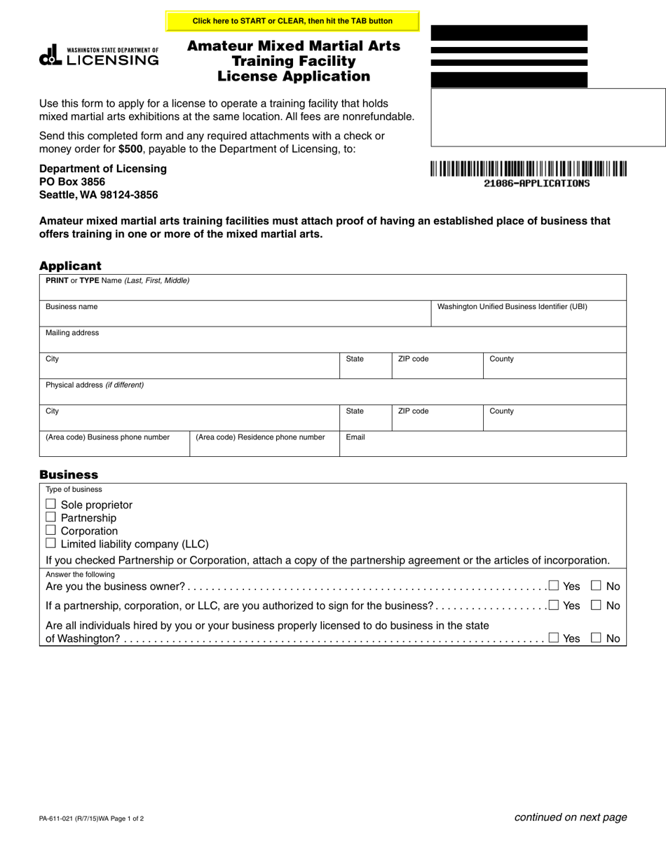Form PA-611-021 Amateur Mixed Martial Arts Training Facility License Application - Washington, Page 1