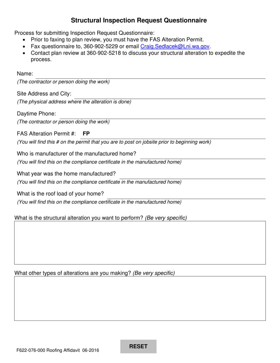 Form F622-076-000 Roof Affidavit and Structural Inspection Request - Washington, Page 3