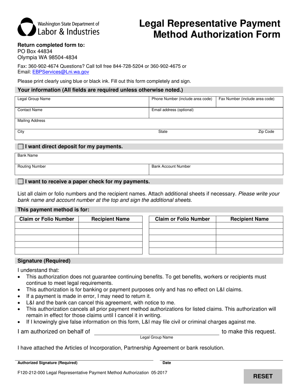 Form F120-212-000 Legal Representative Payment Method Authorization Form - Washington, Page 2