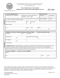Form PA-401 Application for Commercial Pesticide Applicator License - Texas