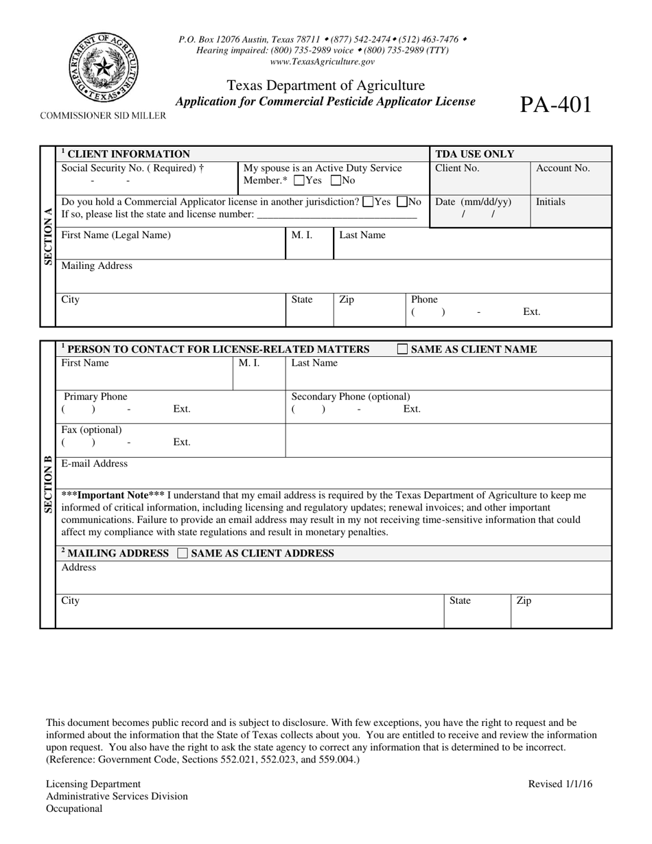 Form PA-401 Application for Commercial Pesticide Applicator License - Texas, Page 1