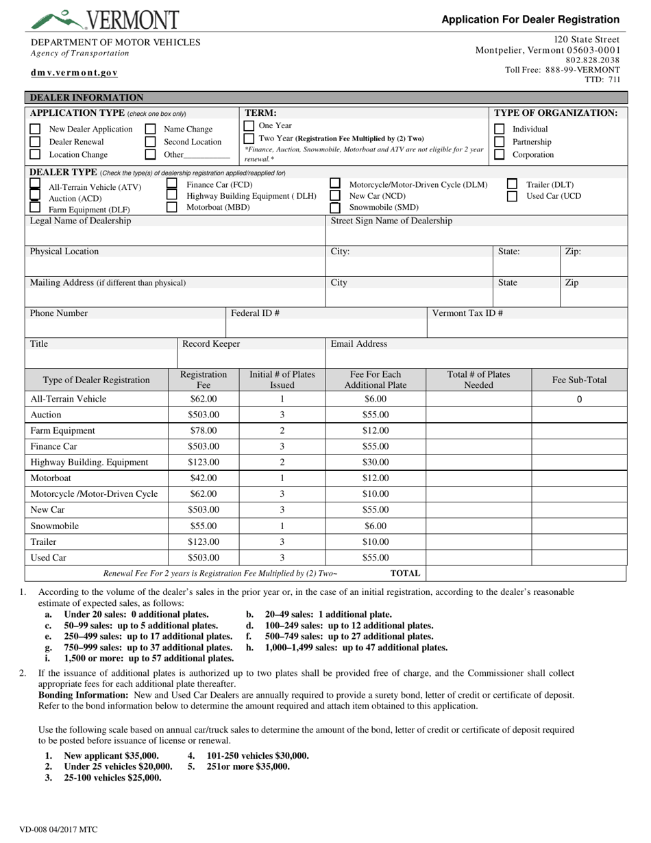 Form VD-008 Application for Dealer Registration - Vermont, Page 1