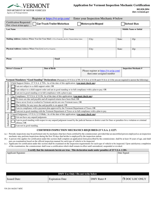 Form VN-201 Application for Vermont Inspection Mechanic Certification - Vermont