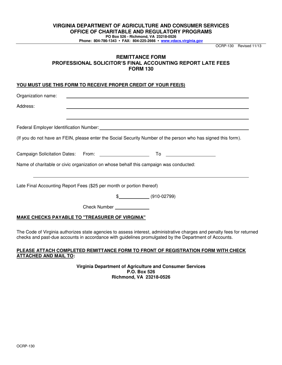 Form OCRP-130 Remittance Form - Professional Solicitors Final Accounting Report Late Fees - Virginia, Page 1