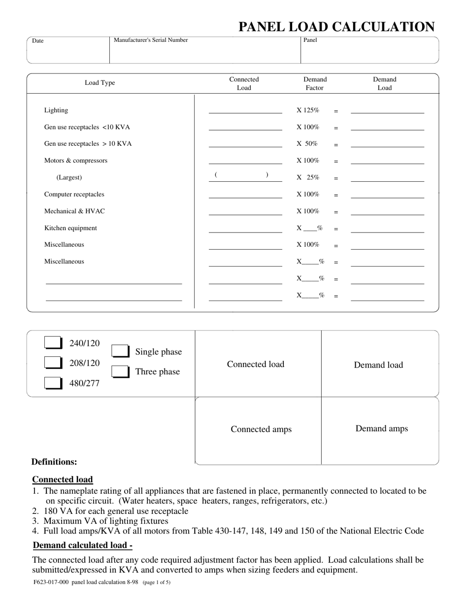 Form F623-017-000 Panel Load Calculation - Washington, Page 1