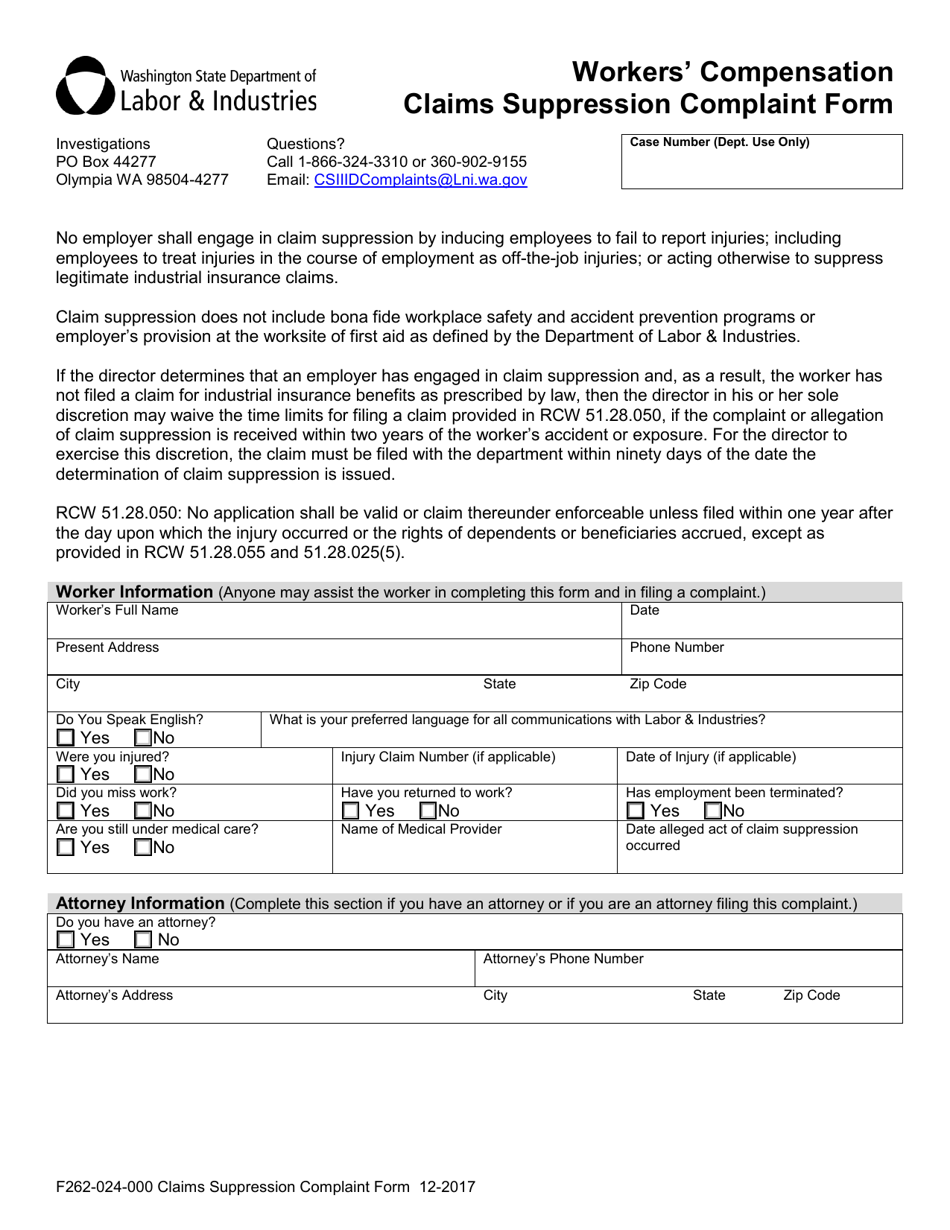 Form F262-024-000 Claims Suppression Complaint Form - Washington, Page 1