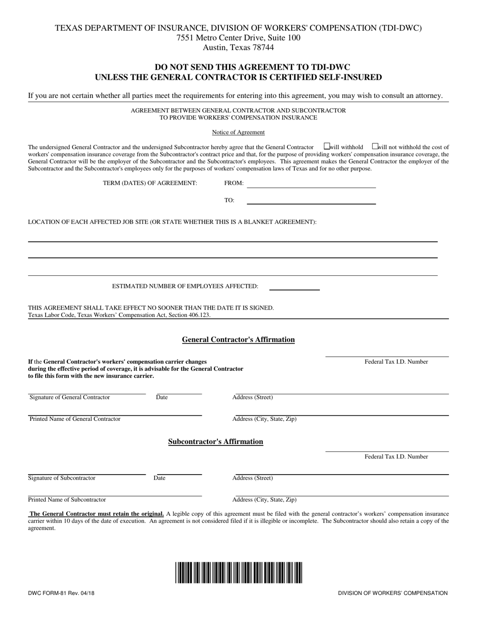 Form DWC81 Agreement Between General Contractor and Subcontractor to Provide Workers Compensation Insurance - Texas, Page 1