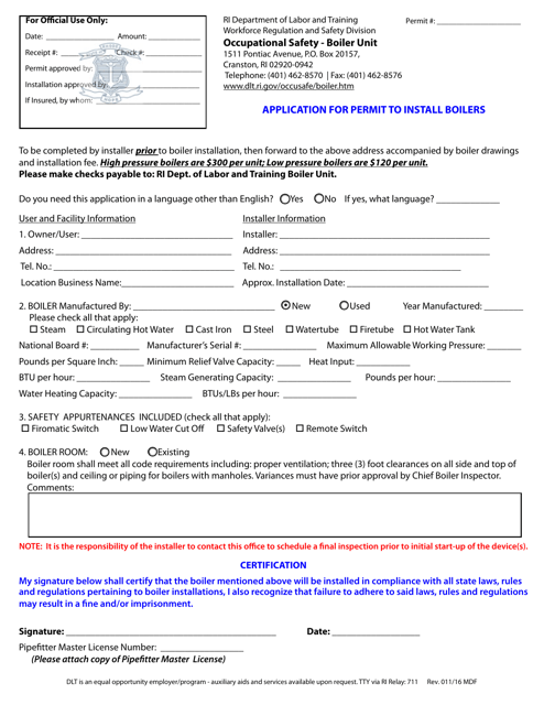 Application for Permit to Install Boilers - Rhode Island