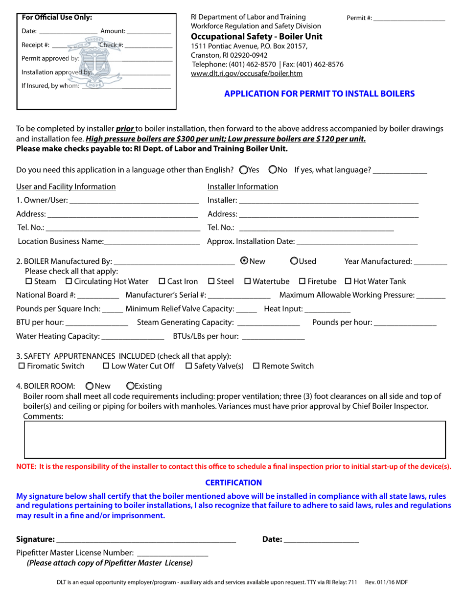 Application for Permit to Install Boilers - Rhode Island, Page 1