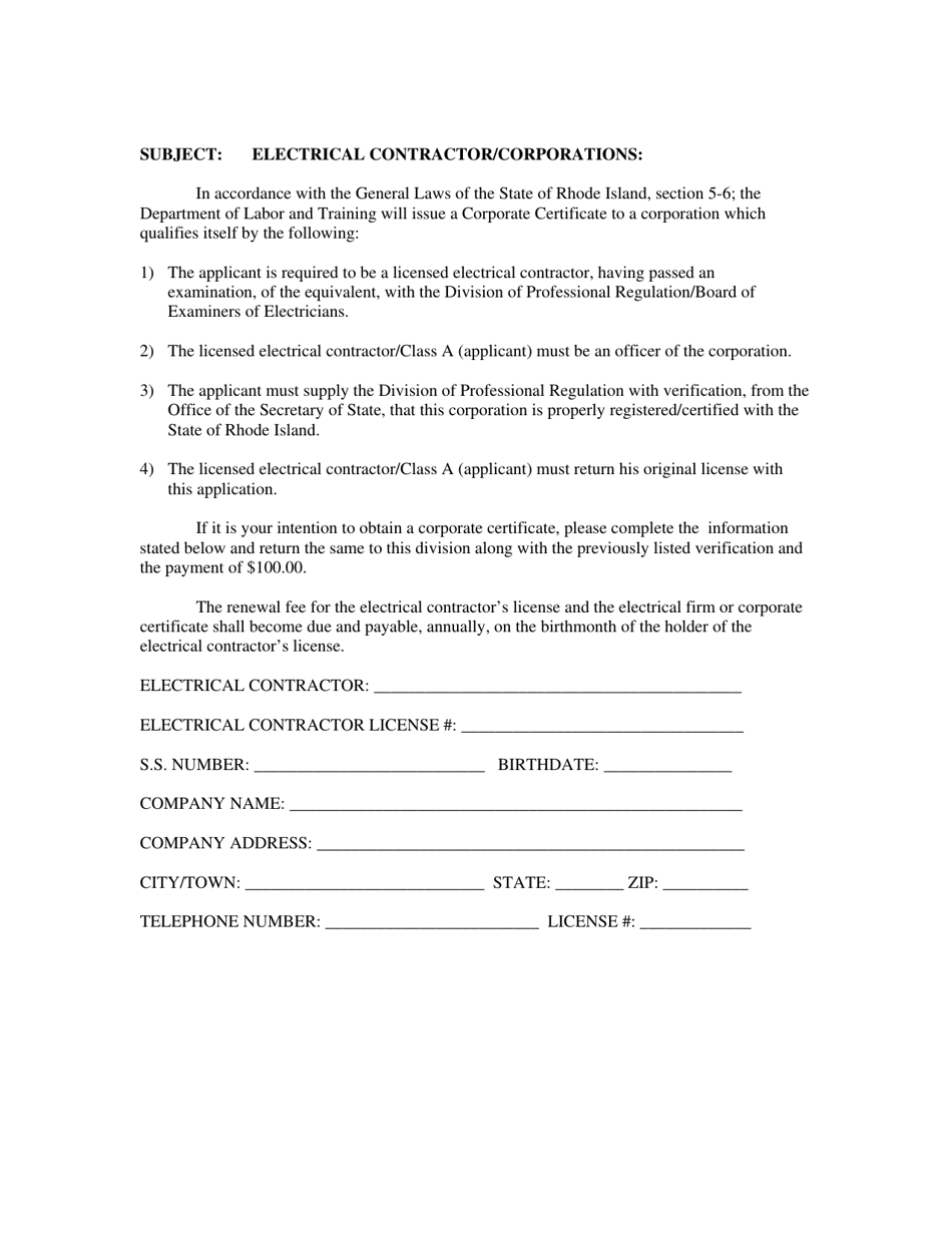 Rhode Island Electrical Contractor/Corporations Application Download