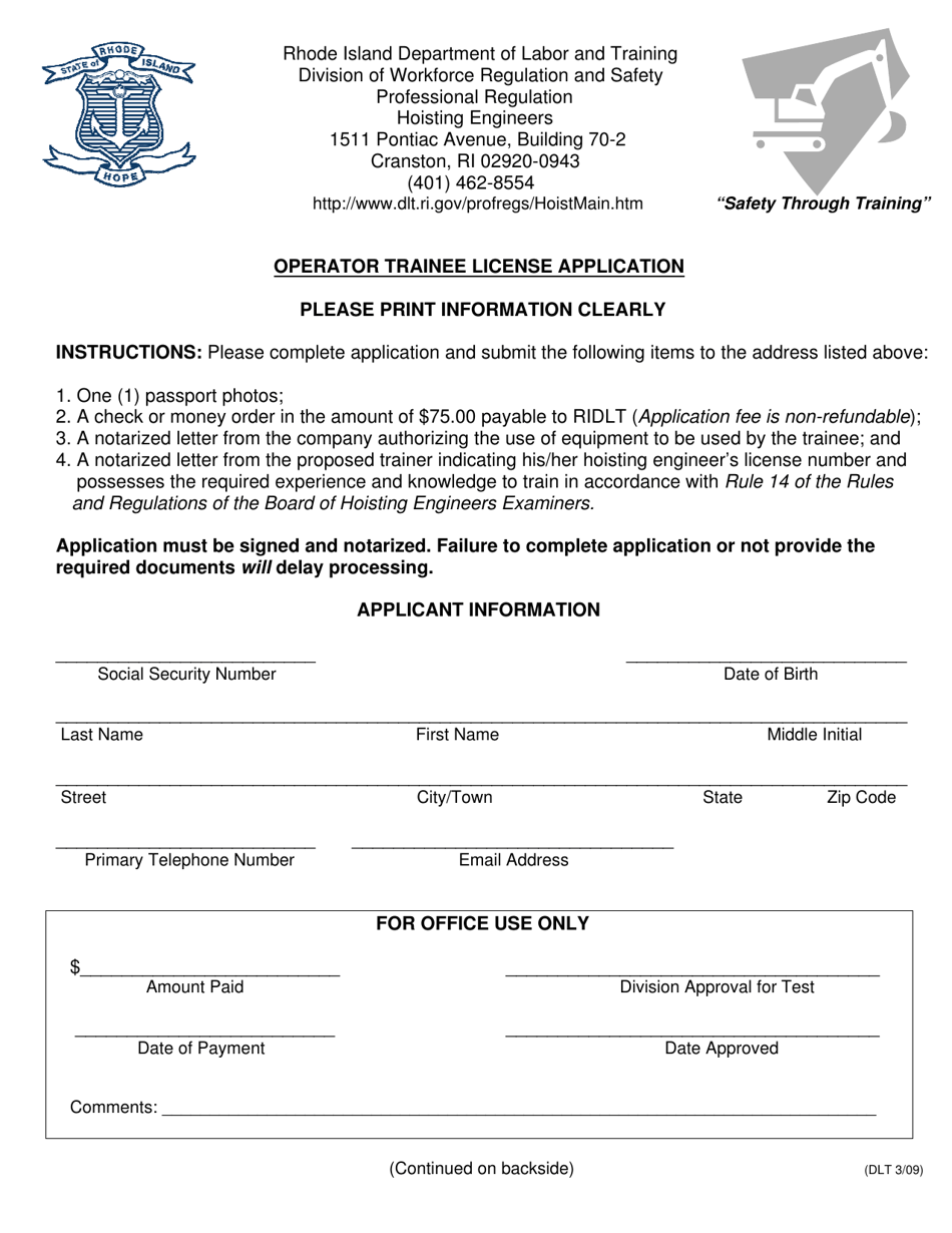 Operator Trainee License Application - Rhode Island, Page 1
