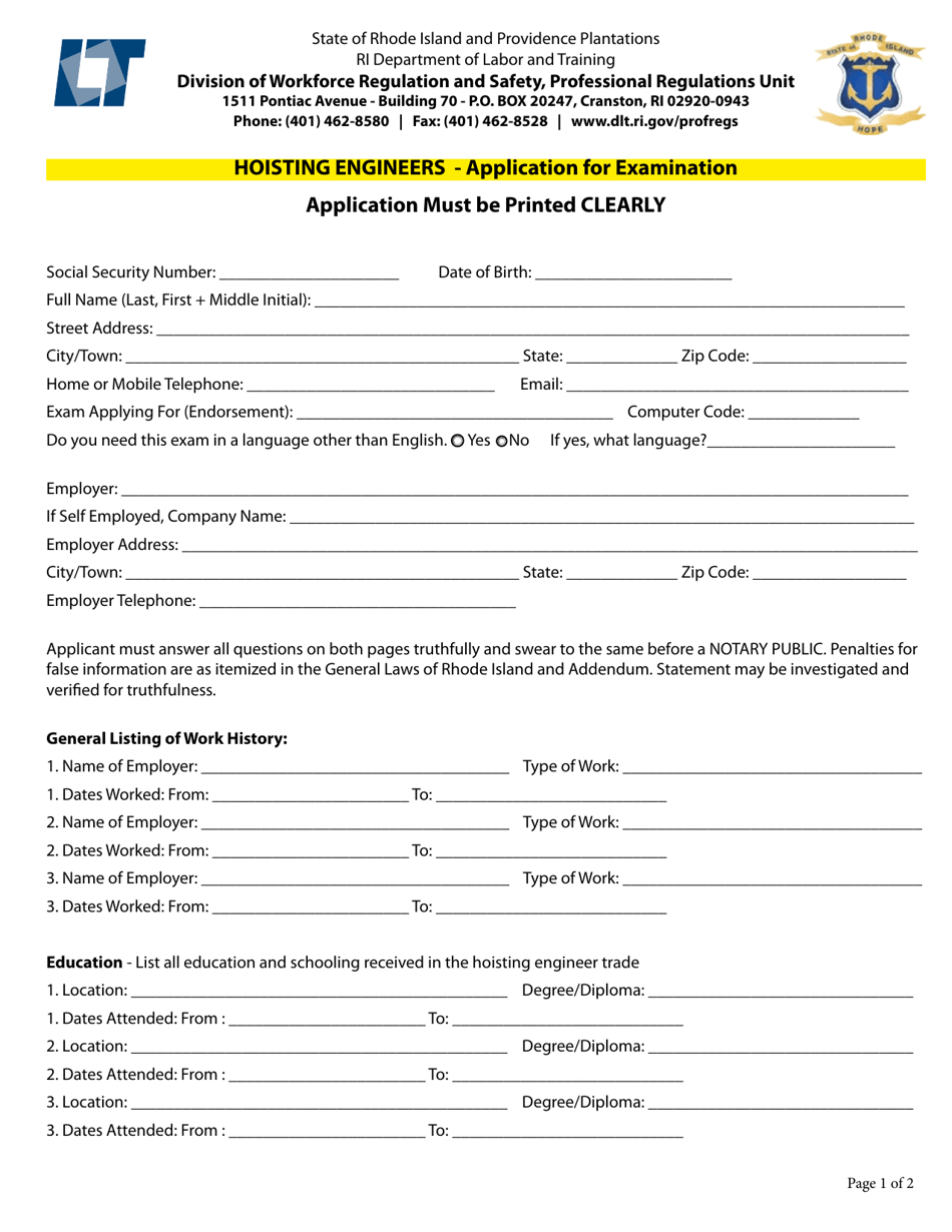 Rhode Island Hoisting Engineer Application Fill Out, Sign Online and