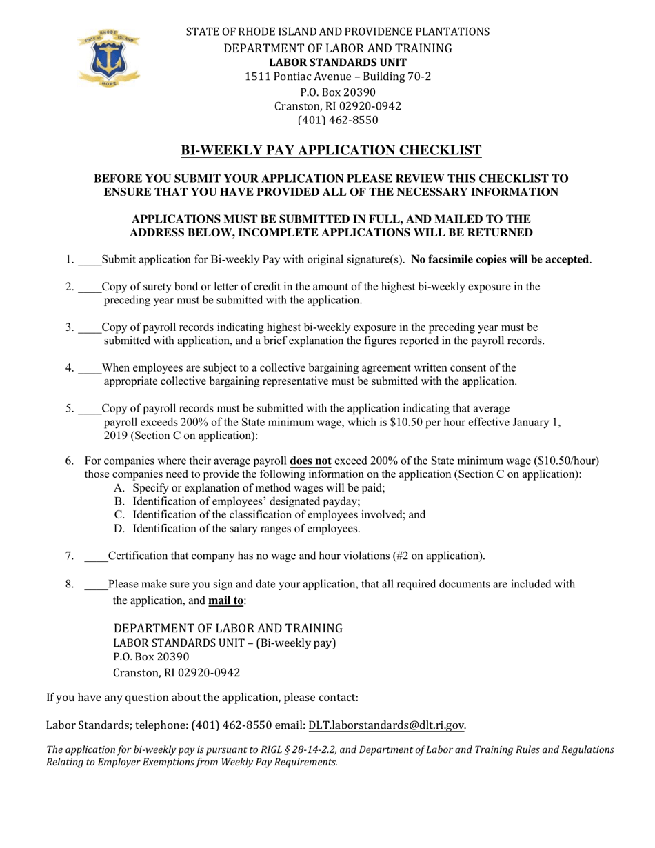 Application Request for Employee BI-Weekly Pay - Rhode Island, Page 1