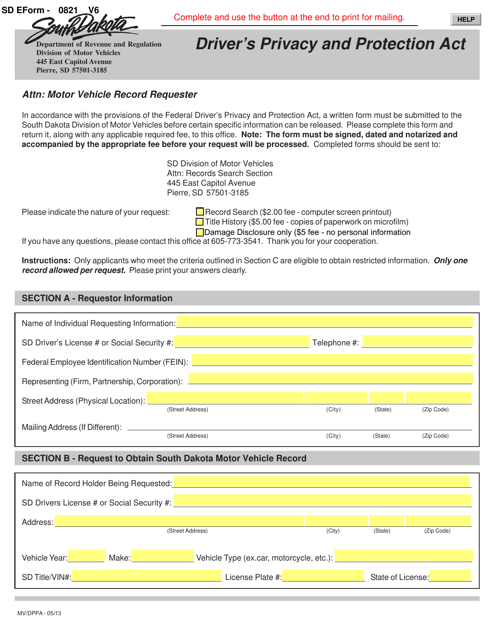 SD Form 0821 Driver's Privacy and Protection Act Form - South Dakota