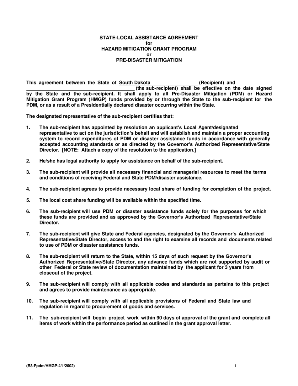 State-Local Assistance Agreement for Hazard Mitigation Grant Program or Pre-disaster Mitigation - South Dakota, Page 1