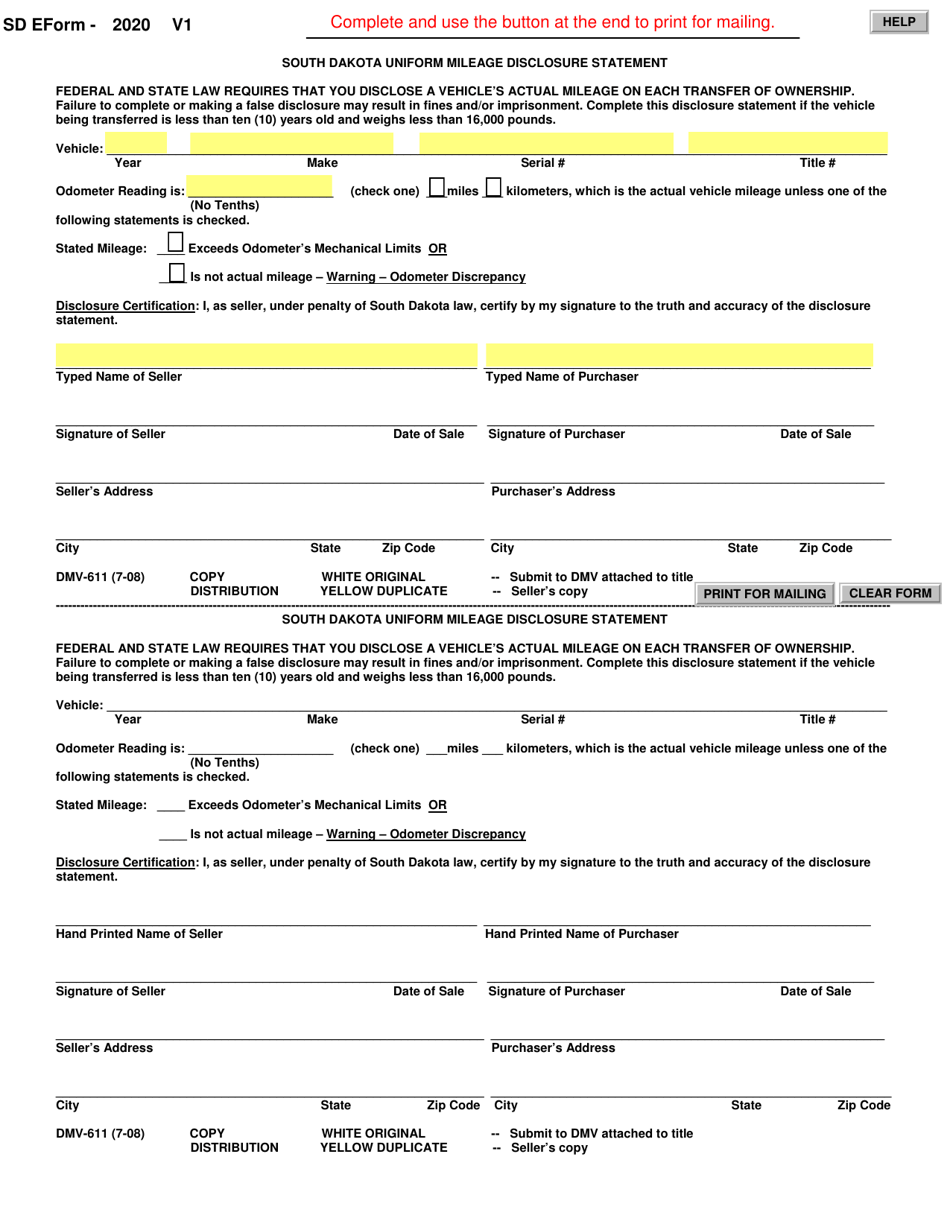 SD Form 2020 (DMV-611) South Dakota Uniform Mileage Disclosure Statement - South Dakota, Page 1